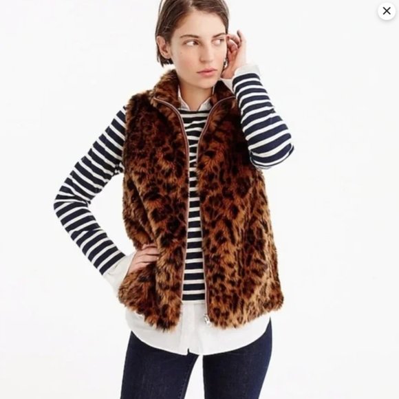 NWT J Crew faux fur vest leopard brown black print zipper XS - Picture 1 of 5